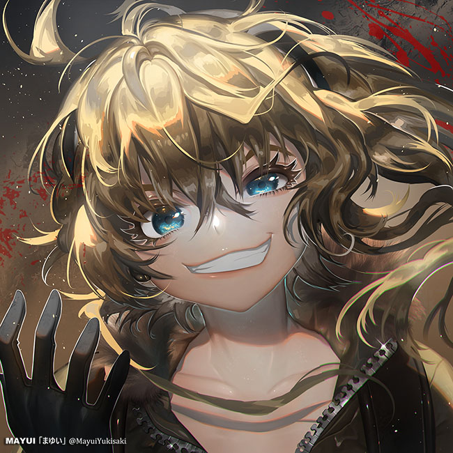 1girl, black_gloves, blonde_hair, blue_eyes, collarbone, commentary_request, evil_grin, evil_smile