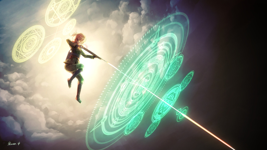1girl, aiming, artist_name, bayonet, black_gloves, blonde_hair, boots, clouds