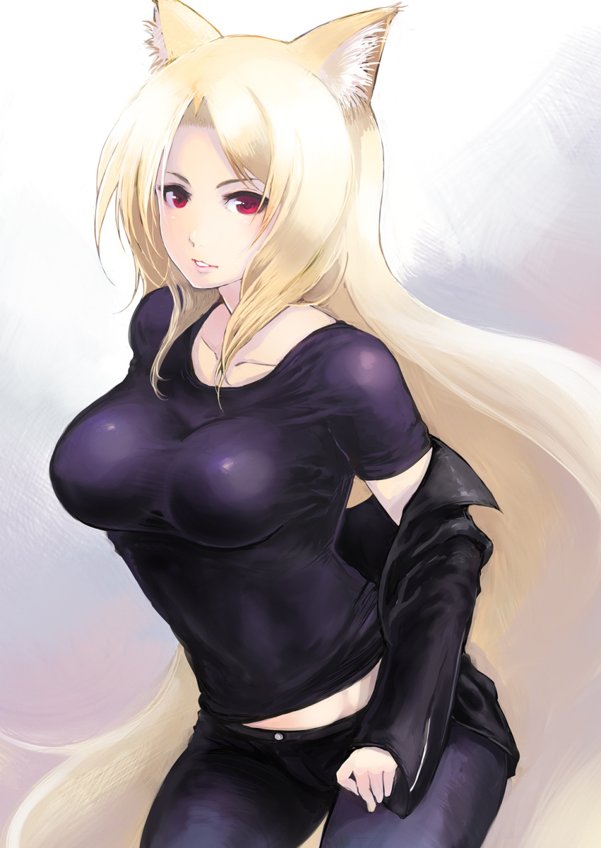 1girl, animal_ears, ayakashibito, bangs, blonde_hair, breasts, denim, fox_ears