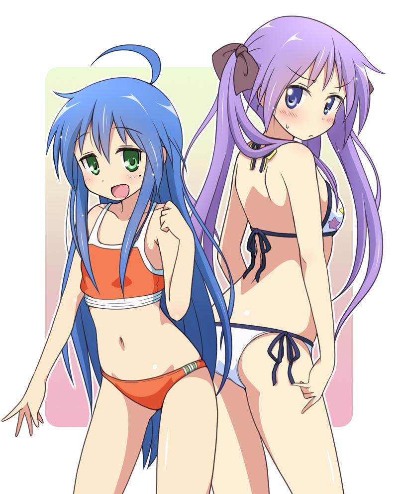 2girls, ahoge, ass, bikini, bikini_bottom, bikini_top, blue_hair, blush