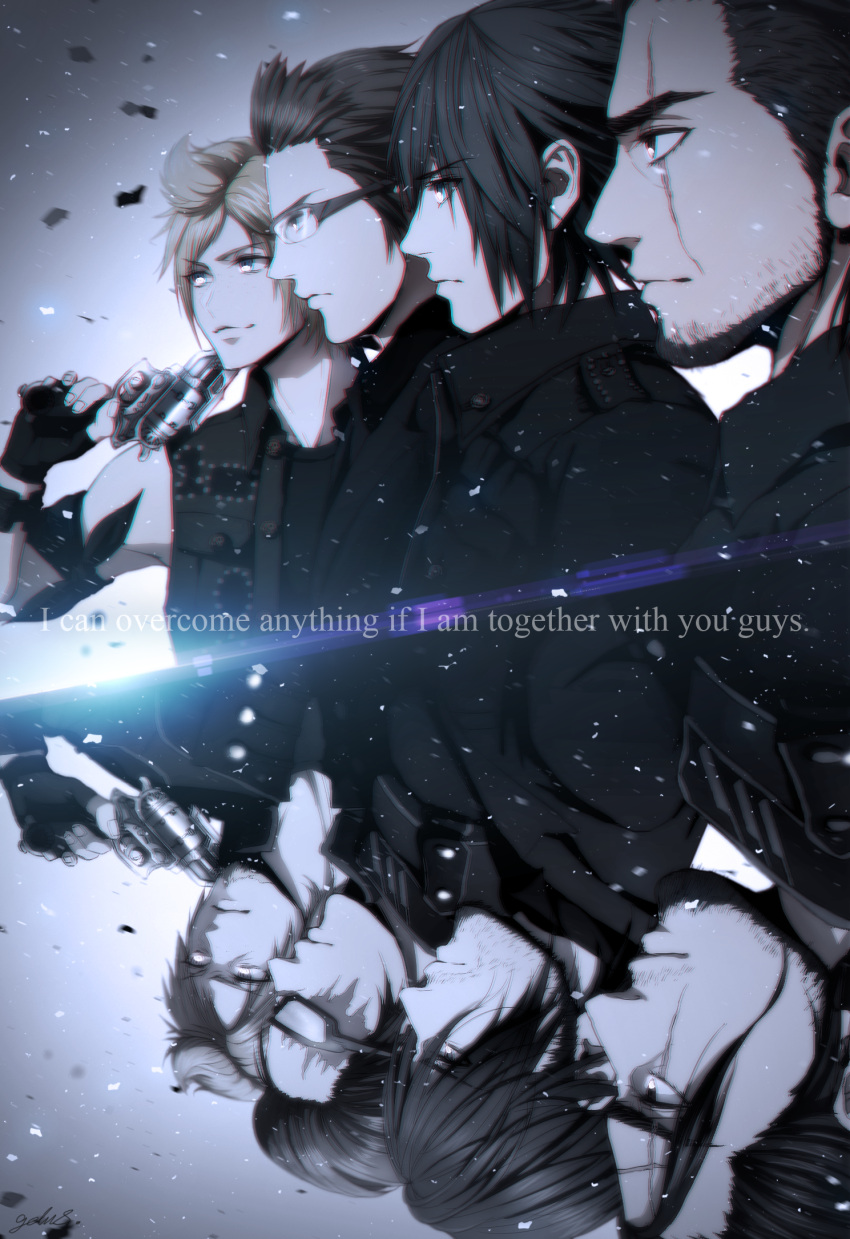 4boys, alternate_costume, beard, black_hair, blonde_hair, brown_hair, dual_persona, facial_hair