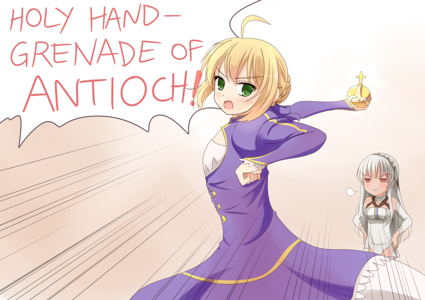 2girls, ahoge, altera_(fate), blonde_hair, blue_dress, blush, commentary, dress
