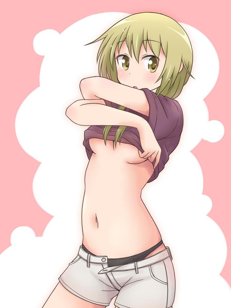 1girl, black_panties, blonde_hair, blush, breasts, cargo_shorts, casual, eyebrows_visible_through_hair