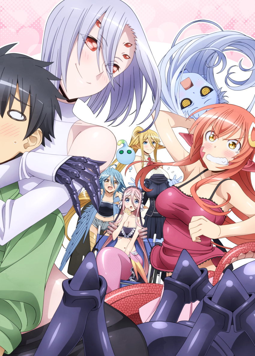 1boy, 6+girls, :d, @_@, ahoge, angry, animal_ears, arachne, black_hair, black_legwear, black_sclera, black_skirt, blank_eyes, blonde_hair, blue_eyes, blue_hair, blue_skin, blue_wings, blush, breasts, camisole, carapace, centaur, centorea_shianus, claws, cleavage, clenched_teeth, closed_mouth, collarbone, denim, denim_shorts, detached_sleeves, disembodied_head, drill_hair, dullahan, everyone, extra_eyes, eyebrows_visible_through_hair, eyes_visible_through_hair, feathered_wings, flying_sweatdrops, gills, goo_girl, green_eyes, green_shirt, greyscale, hair_between_eyes, hair_ornament, hairband, hairclip, harpy, head_fins, highres, horse_ears, horse_tail, hug, hug_from_behind, huge_ahoge, huge_breasts, insect_girl, kurusu_kimihito, lala_(monster_musume), lamia, large_breasts, lavender_hair, lolita_hairband, long_hair, maid_headdress, mermaid, meroune_lorelei, midriff, miia_(monster_musume), misopetha-menos, monochrome, monster_girl, monster_musume_no_iru_nichijou, multiple_girls, multiple_legs, navel, open_mouth, papi_(monster_musume), pink_hair, pink_skirt, pointy_ears, ponytail, rachnera_arachnera, red_eyes, redhead, scales, shirt, short_hair, shorts, sidelocks, skirt, sleeveless, slit_pupils, small_breasts, smile, spider_girl, surprised, suu_(monster_musume), sweatdrop, tail, tearing_up, teeth, tentacle_hair, thigh-highs, thigh_gap, throwing, very_long_hair, webbed_hands, wheelchair, white_hair, wings, yellow_eyes, zettai_ryouiki