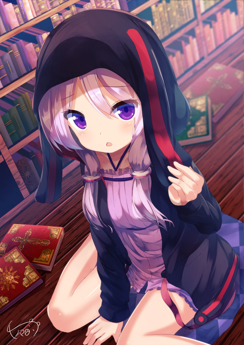 1girl, animal_ears, animal_hood, arm_support, between_legs, black_jacket, book, bunny_hood