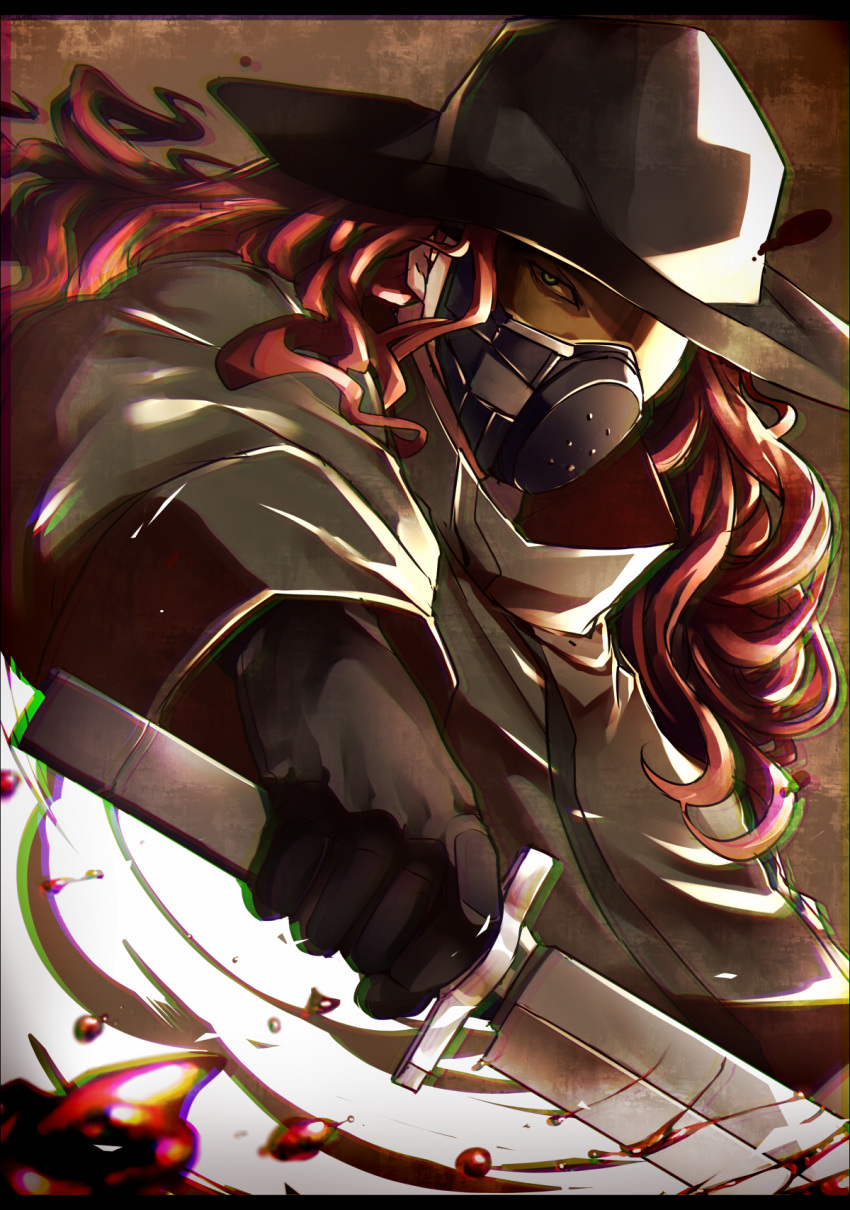 1boy, blood, curly_hair, dagger, gloves, green_eyes, hat, highres