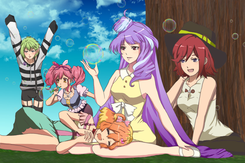 5girls, :d, alternate_costume, arms_up, blue_eyes, bubble, casual, closed_eyes, clouds, collared_dress, dress, female, freyja_wion, friends, green_dress, green_hair, hair_ribbon, hat, highres, kaname_buccaneer, lap_pillow, long_hair, long_sleeves, lying, macross, macross_delta, makina_nakajima, mikumo_guynemer, mitsuru, multicolored_hair, multiple_girls, on_side, open_mouth, orange_eyes, orange_hair, outdoors, pink_hair, pointy_ears, purple_hair, red_eyes, redhead, reina_prowler, ribbon, shirt, short_hair, sitting, sky, sleeping, sleeveless, sleeveless_dress, smile, standing, striped, tree, twintails, two-tone_hair, walkure_(macross_delta), wariza, white_shirt, yellow_dress