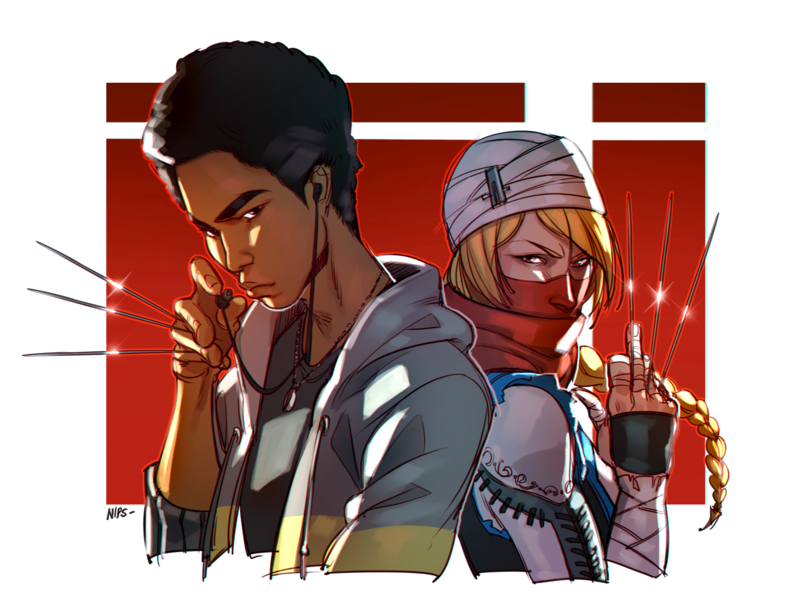 1boy, 1girl, afro, androgynous, bandage, blonde_hair, braid, dark_skin