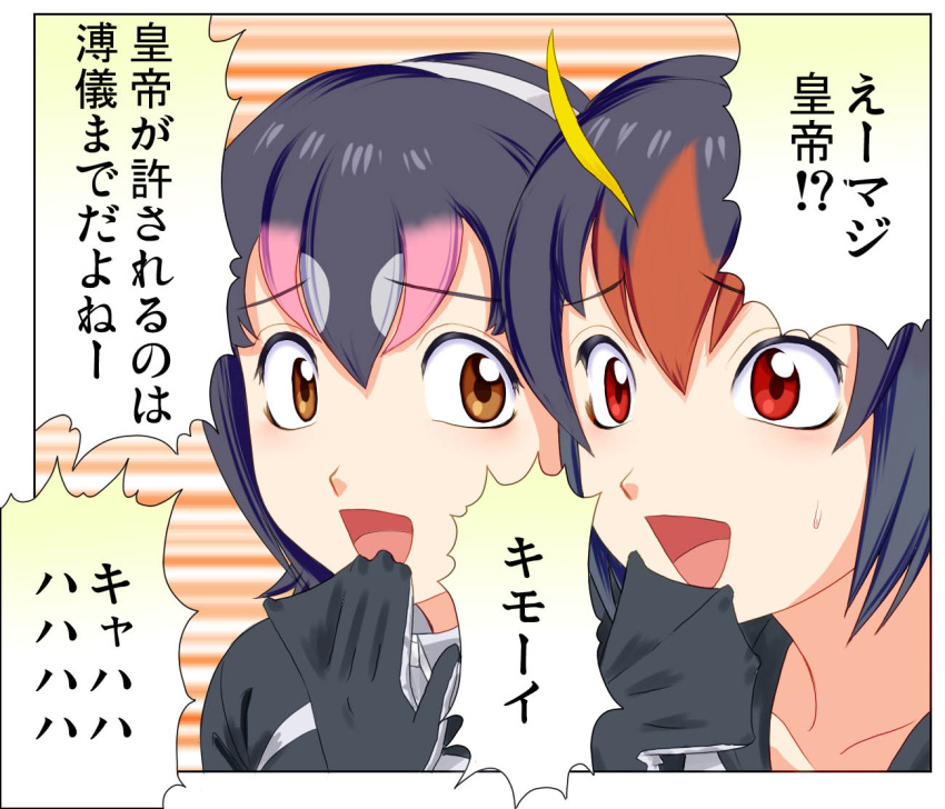 2girls, black_hair, humboldt_penguin_(kemono_friends), kemono_friends, kimoi_girls, laughing, maboroshi_dandy, multicolored_hair