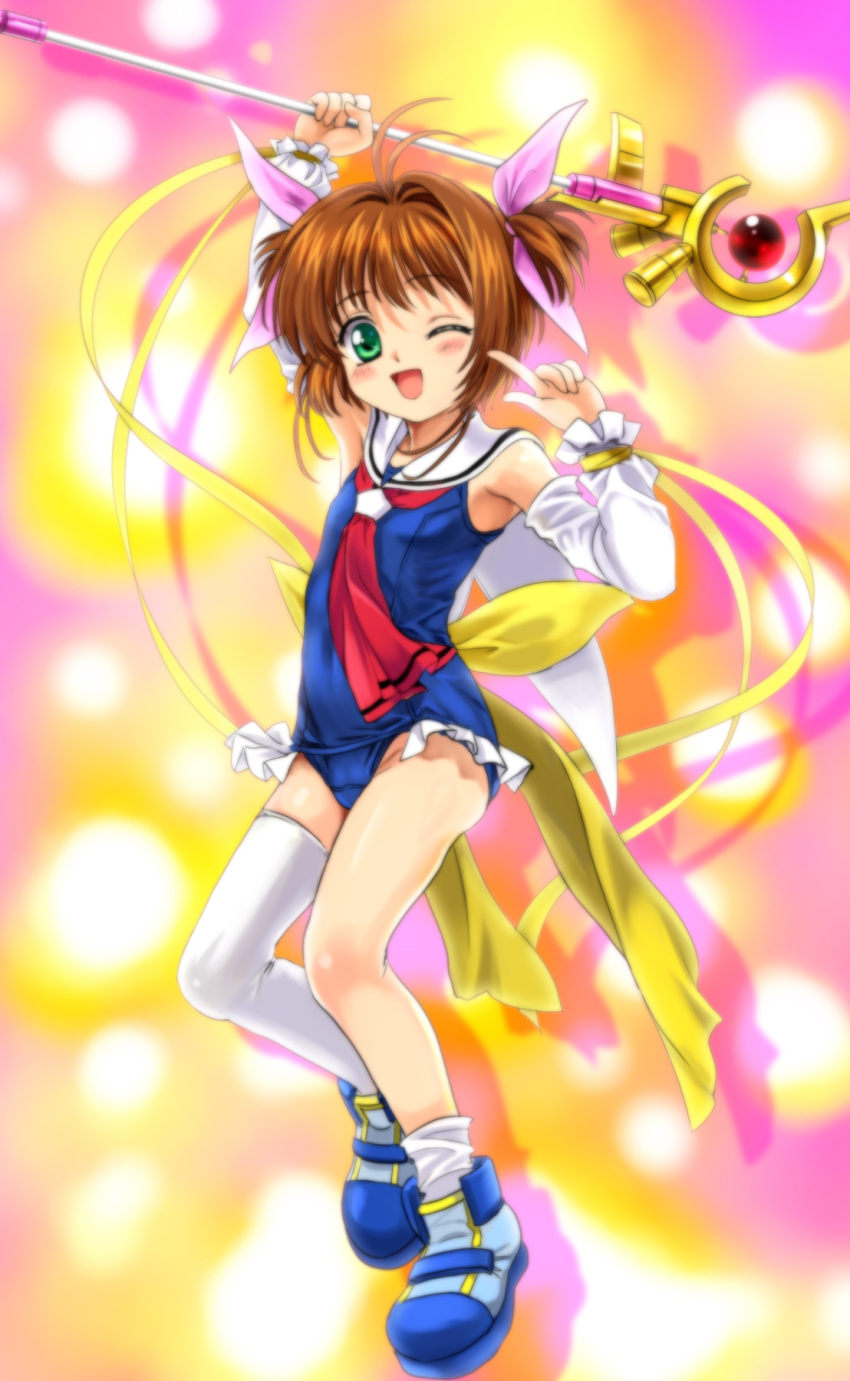 blush, brown_hair, card_captor_sakura, cardcaptor_sakura, cosplay, crossover, detached_sleeves, green_eyes, hair_ribbon, hair_ribbons, highres, kinomoto_sakura, loli, mahou_shoujo_lyrical_nanoha, mahou_shoujo_lyrical_nanoha_a's, mahou_shoujo_lyrical_nanoha_a's, moetan, moonknives, mutsuki_(moonknives), one-piece_swimsuit, one_thighhigh, open_mouth, parody, pastel_ink, pastel_ink_(cosplay), raising_heart, ribbon, ribbons, school_swimsuit, school_uniform, single_thighhigh, staff, swimsuit, takamachi_nanoha, takamachi_nanoha_(cosplay), thigh-highs, thighhighs, wink