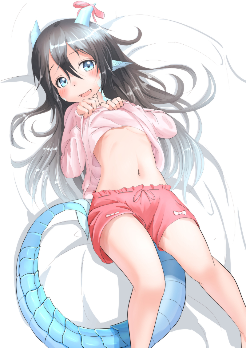 1girl, bed_sheet, black_hair, blue_eyes, blush, breasts, commentary_request, dragon_girl