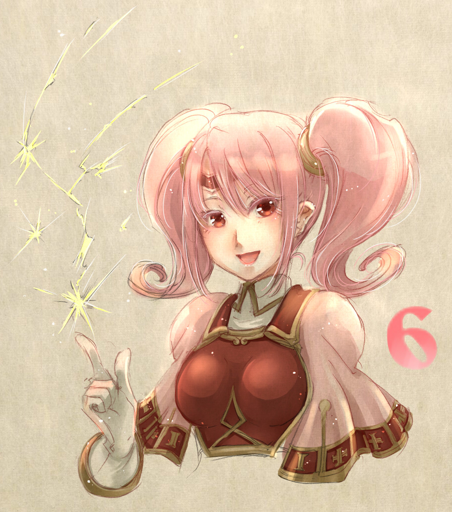 1girl, breastplate, brown_background, circlet, countdown, curly_hair, electricity, fire_emblem