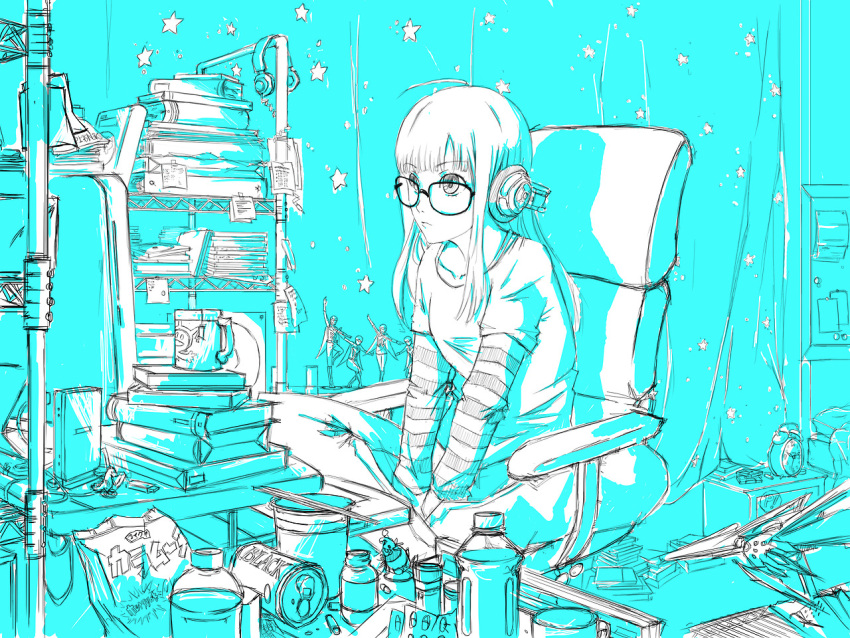 1girl, ahoge, alarm_clock, atelier_gokujou, book, can, chair, chopsticks