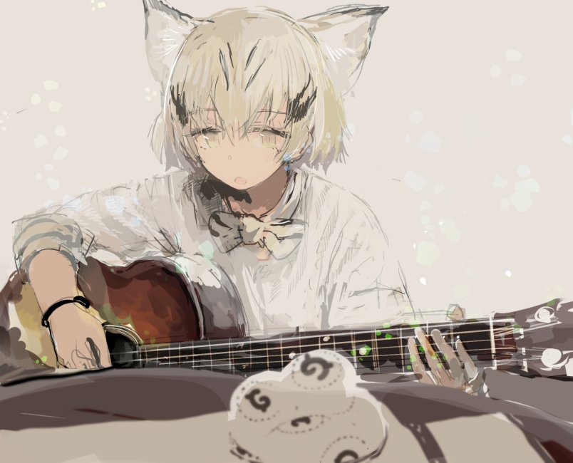 1girl, :o, acoustic_guitar, alternate_costume, animal_ears, blonde_hair, bow, bowtie