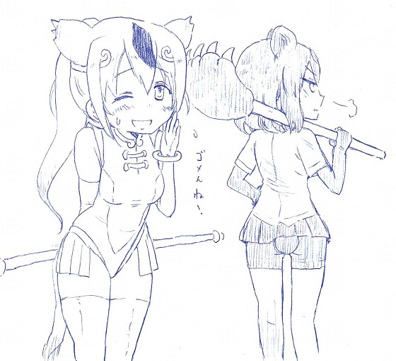 2girls, animal_ears, bear_ears, bear_girl, bear_paw_hammer, bracelet, brown_bear_(kemono_friends), circlet