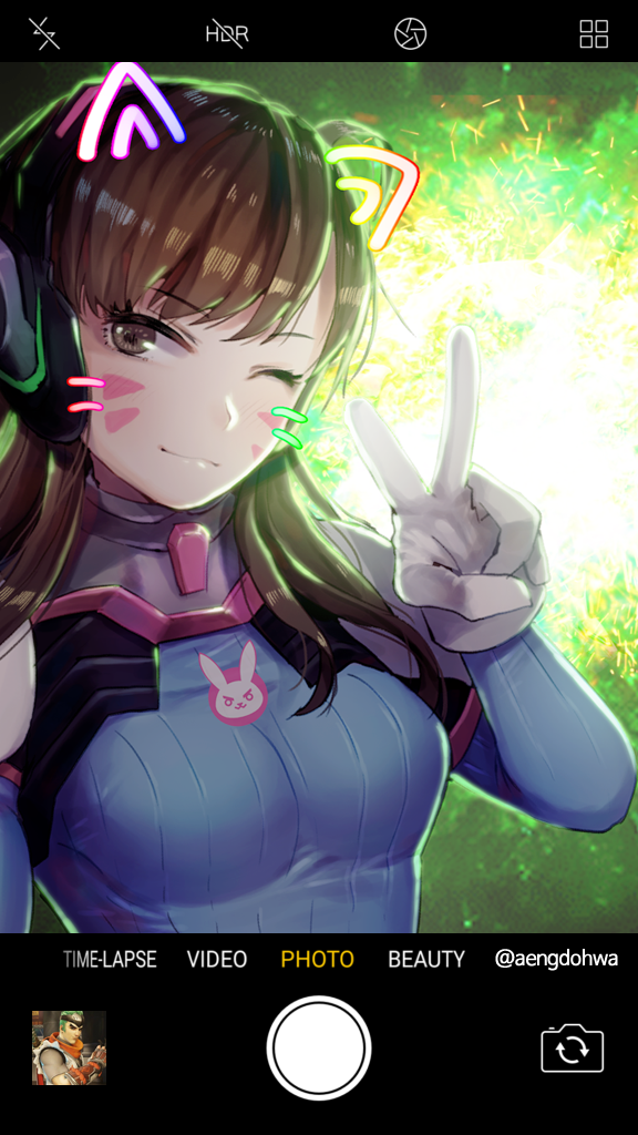 1boy, 1girl, animal_print, backlighting, bangs, bodysuit, bracer, breasts, brown_eyes, brown_hair, bunny_print, cellphone, d.va_(overwatch), explosion, eyebrows_visible_through_hair, facepaint, facial_mark, gameplay_mechanics, genji_(overwatch), gloves, hanato_(seonoaiko), headphones, high_collar, ios_wallpaper, light_smile, long_hair, looking_at_viewer, medium_breasts, one_eye_closed, overwatch, phone, pilot_suit, pose, ribbed_bodysuit, self_shot, skin_tight, smartphone, solo_focus, swept_bangs, user_interface, v, wallpaper, whisker_markings, white_gloves, young_genji