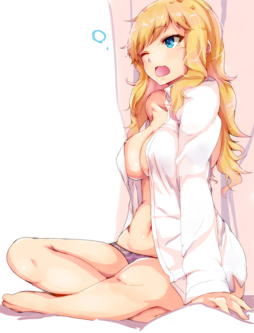 1girl, bare_legs, barefoot, blonde_hair, blue_eyes, breasts, center_opening, cleavage