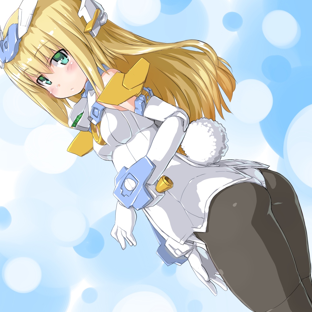 1girl, ass, bangs, baselard, black_legwear, blonde_hair, blush, breasts