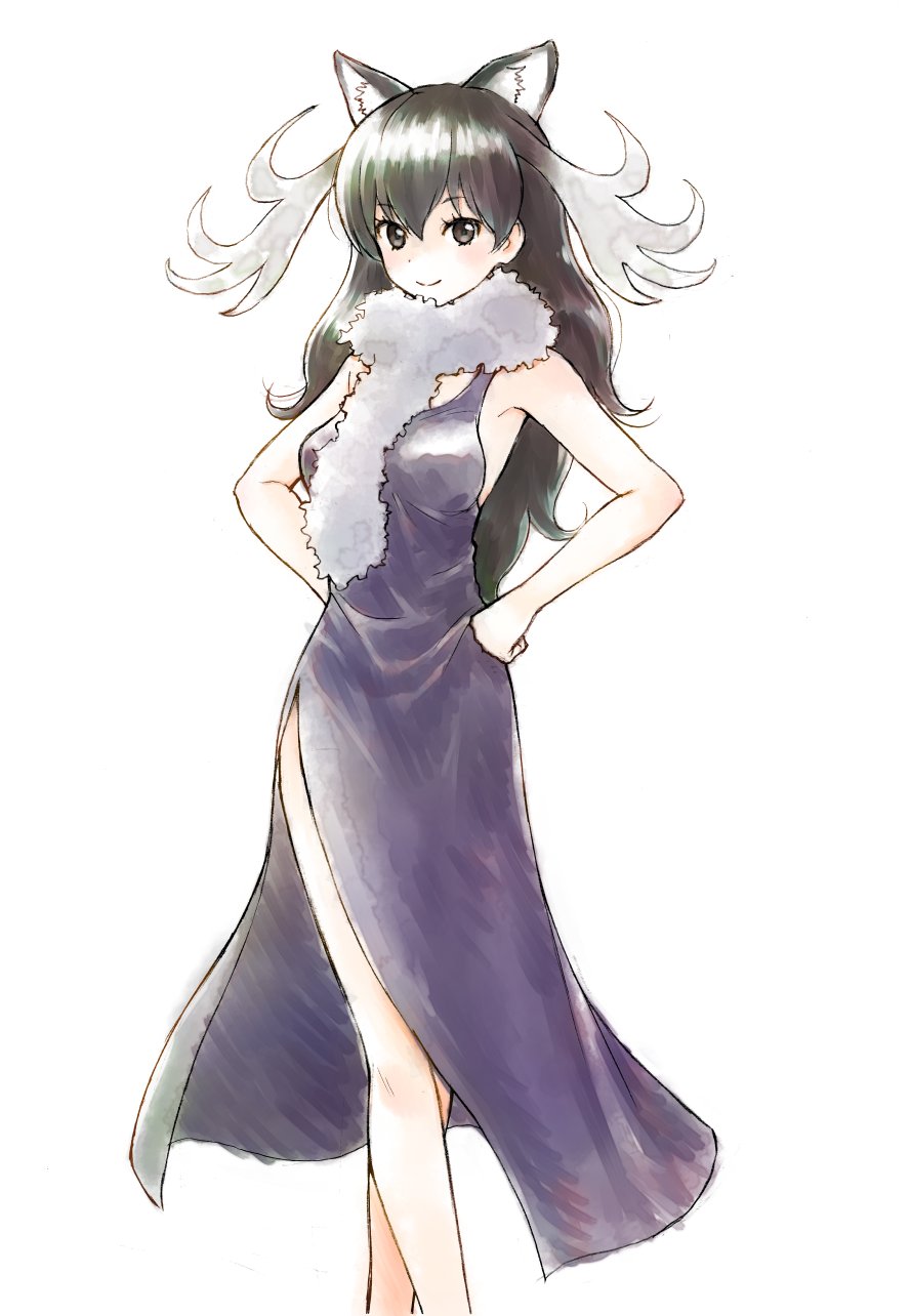 1girl, animal_ears, antlers, black_hair, brown_eyes, dress, evening_gown, fur_collar