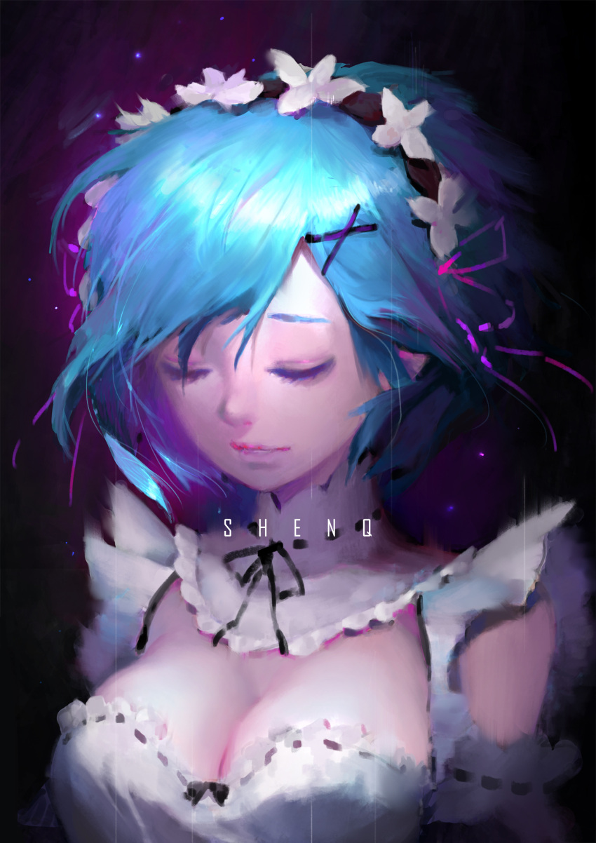 1girl, artist_name, blue_hair, bow, breasts, cleavage, closed_eyes, hair_ornament, highres, large_breasts, long_neck, maid_headdress, neck, pink_ribbon, re:zero_kara_hajimeru_isekai_seikatsu, rem_(re:zero), ribbon, ribbon-trimmed_sleeves, ribbon_trim, shenq, solo, underbust, upper_body, x_hair_ornament