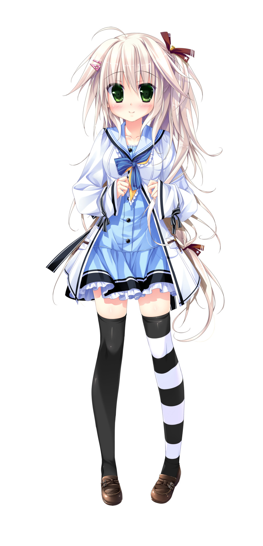 1girl, absurdres, black_legwear, blush, full_body, green_eyes, hair_ornament, hairclip, highres, hotaruzuka_yuno, koko_kara_natsu_no_innocence!, loafers, long_hair, long_sleeves, looking_at_viewer, mismatched_legwear, official_art, one_side_up, sesena_yau, shoes, sleeves_past_wrists, smile, solo, striped, striped_legwear, thigh-highs, transparent_background, white_hair