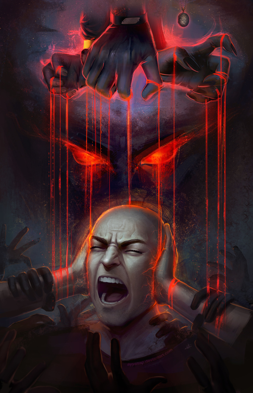 1boy, absurdres, artist_name, ayya_saparniyazova, bald, bracelet, closed_eyes, covering_ears, glowing, glowing_eyes, hands, highres, jewelry, kevin_wendell_crumb, male_focus, open_mouth, orange_eyes, pendant, split_(movie), upper_body, watermark, web_address