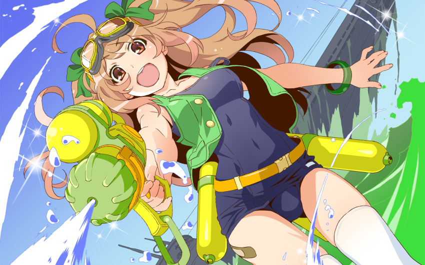 1girl, ahoge, bandaid, bandaid_on_leg, bangs, belt, boat, bracelet, brown_eyes, brown_hair, clouds, firing_at_viewer, foreshortening, goggles, goggles_on_head, highres, jacket, jacket_over_swimsuit, jewelry, looking_at_viewer, open_mouth, school_swimsuit, ship, sky, sleeveless_jacket, solo, strap_slip, swimsuit, teeth, thigh-highs, twintails, watanabe_akio, water, water_gun, watercraft