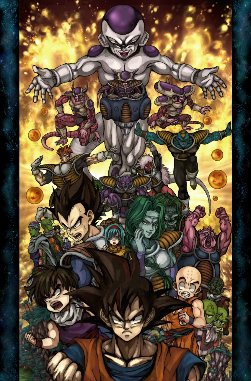 anko_kinako, bad_id, bardock, bulma, burter, buruma, captain_ginyu, chaozu, dende, dodoria, dragon_ball, dragon_ball_(object), dragon_ball_z, dragonball, dragonball_(object), dragonball_z, dual_persona, everyone, frieza, ginyu_force, guldo, halo, highres, jeice, kuririn, multiple_persona, nail_(dbz), nail_(dragon_ball), piccolo, recoome, son_gohan, son_goku, son_gokuu, tenshinhan, transformation, vegeta, yamcha, zarbon