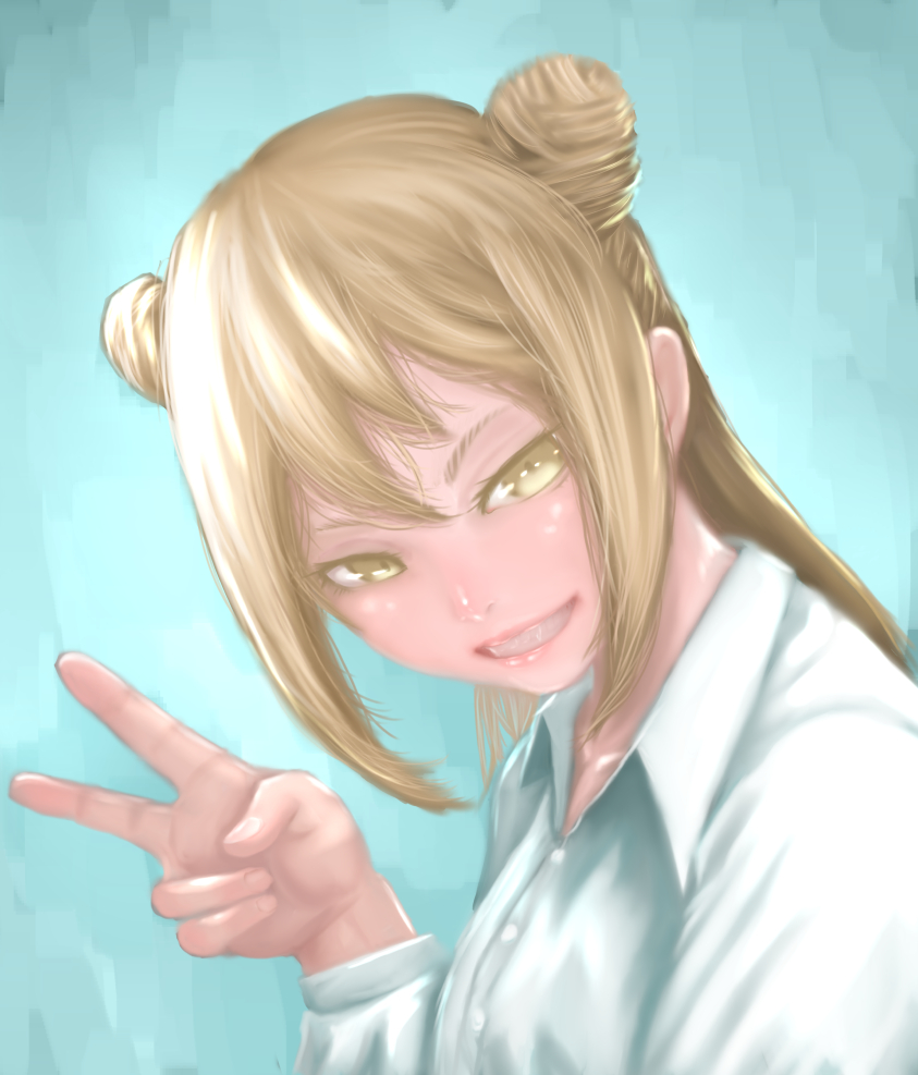 1girl, blonde_hair, blue_background, buttons, demi-chan_wa_kataritai, double_bun, fingernails, grin