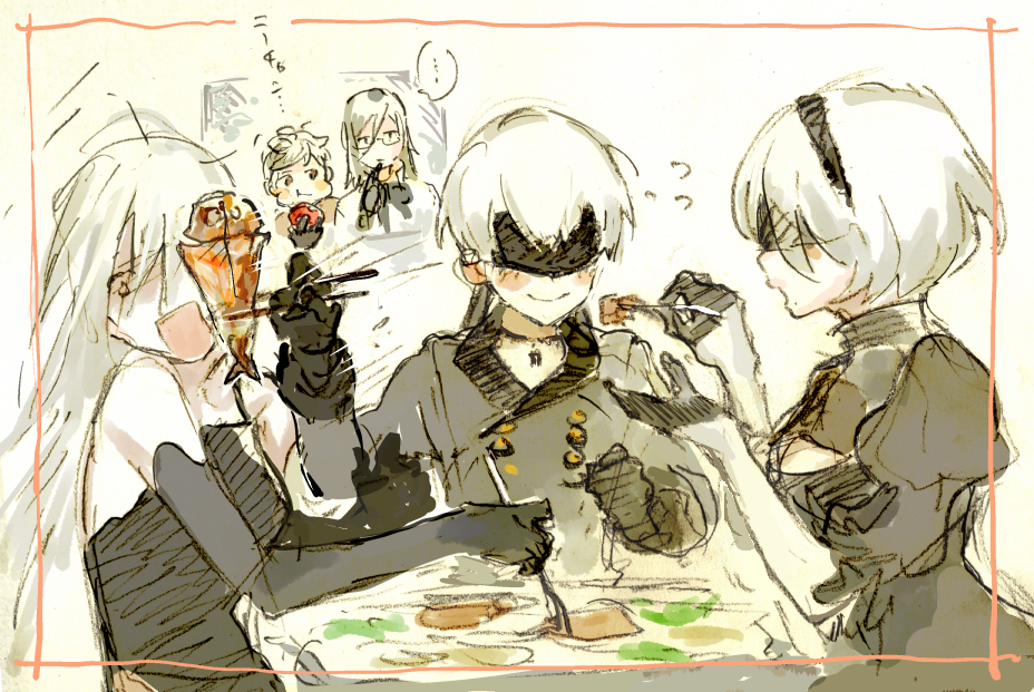 2girls, 3boys, adam_(nier_automata), android, apple, blindfold, blush, breasts