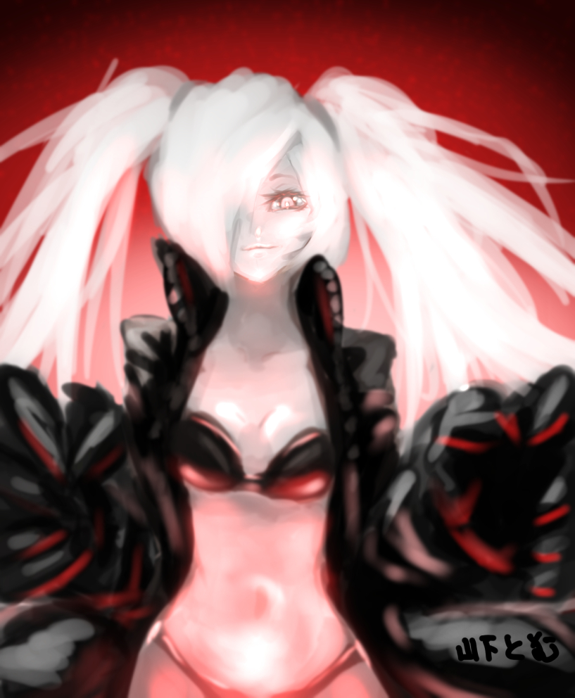 1girl, bikini, black_bikini, black_jacket, claws, eyelashes, gauntlets, hair_over_one_eye