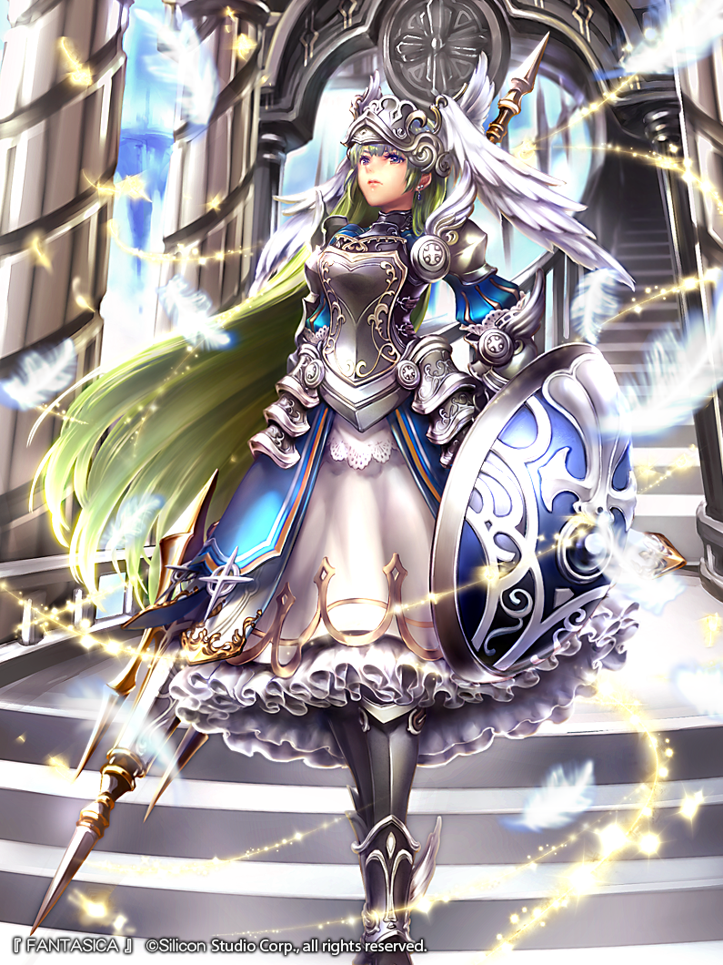 1girl, armor, armored_boots, beko-atwks, boots, company_name, copyright_name, earrings, feathers, full_body, green_hair, gyakushuu_no_fantasica, helmet, jewelry, long_hair, official_art, polearm, shield, sky, solo, sparkle, spear, very_long_hair, violet_eyes, weapon, winged_helmet