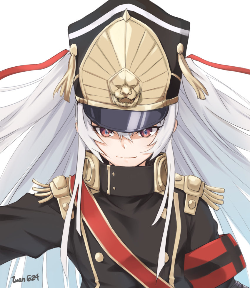 1girl, armband, gunpuku_no_himegimi, hair_ribbon, hat, high_collar, highres, ivan_wang, long_hair, military, military_uniform, re:creators, red_eyes, ribbon, shako_cap, solo, uniform, upper_body, white_hair