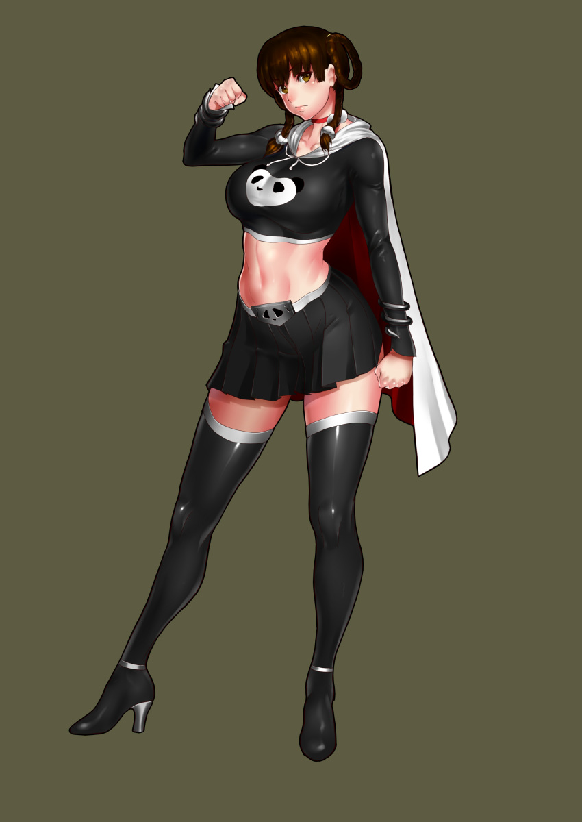 1girl, absurdres, alternate_costume, animal_print, bear_print, black_legwear, breasts, brown_background