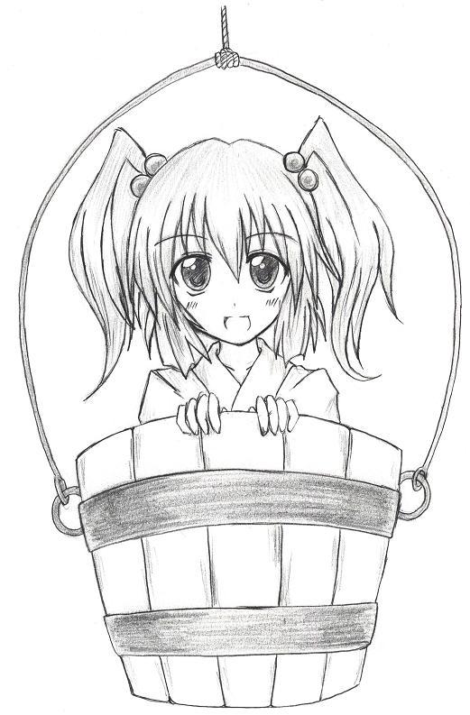 eku, girl_in_bucket, in_bucket, in_container, kisume, monochrome, touhou, traditional_media