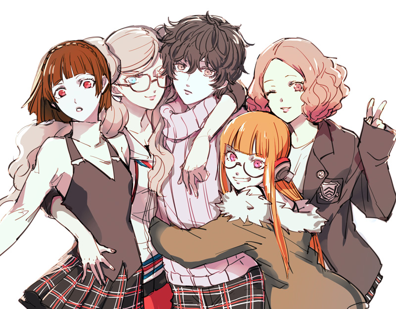 1boy, 4girls, amamiya_ren, atlus, black_hair, blonde_hair, blue_eyes, brown_eyes