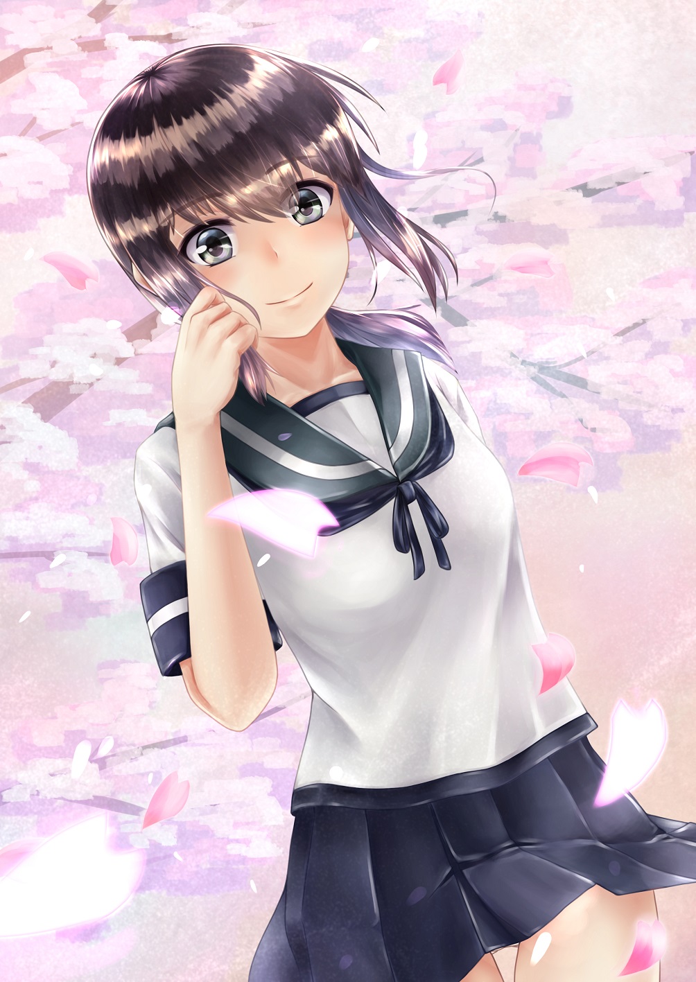 1girl, adjusting_hair, aira_(qwedcxza49), arm, arm_behind_back, black_eyes, black_hair, black_sailor_collar, black_skirt, cherry_blossoms, dutch_angle, female, fubuki_(kantai_collection), highres, kantai_collection, looking_at_viewer, low_ponytail, neck, petals, pleated_skirt, ponytail, school_uniform, serafuku, shiny, shiny_hair, short_hair, short_ponytail, short_sleeves, sidelocks, skirt, smile, solo, standing, upskirt