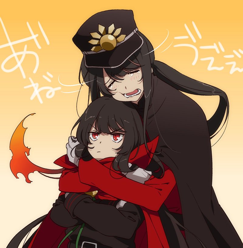1672, 1boy, 1girl, anime_coloring, black_cape, brother_and_sister, cape, crying, demon_archer, fate/grand_order, fate_(series), flaming_hair, gloves, gradient, gradient_background, hat, hat_removed, headwear_removed, height_difference, hug, koha-ace, long_hair, oda_nobukatsu_(fate/grand_order), ponytail, red_cape, red_eyes, shako_cap, siblings, simple_background, white_gloves, yellow_background