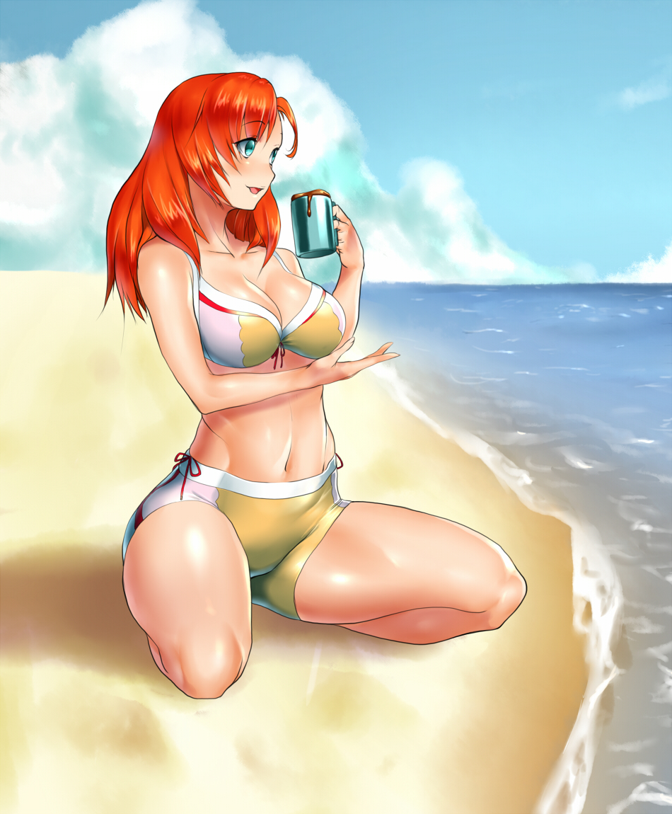 1girl, beach, blue_eyes, breasts, cliana_rimskaya, coffee, coffee_mug, day