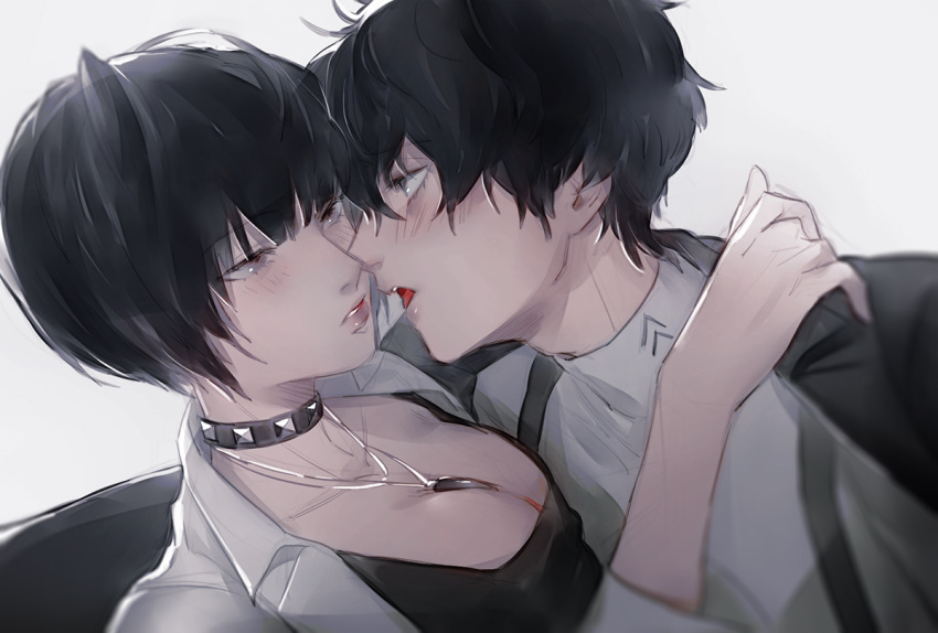 1boy, 1girl, black_hair, blush, breasts, choker, cleavage, couple