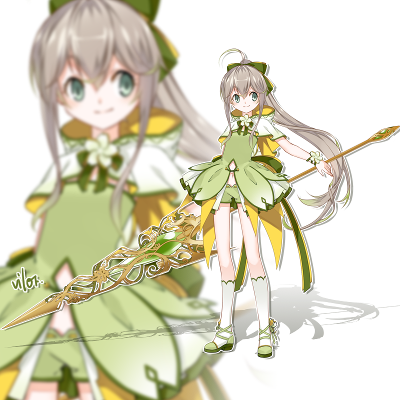 1boy, blush, closers, green_eyes, long_hair, magical_girl, male_focus, mistilteinn_(closers)