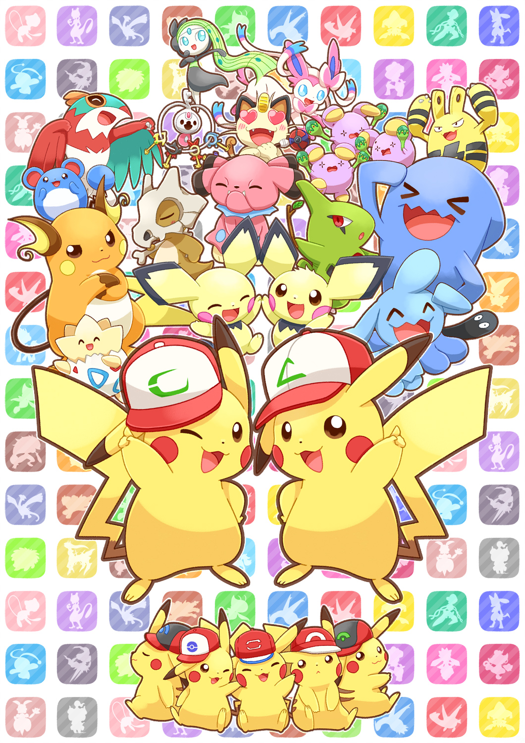 baseball_cap, cosplay, cubone, hat, hawlucha, highres, klefki, larvitar