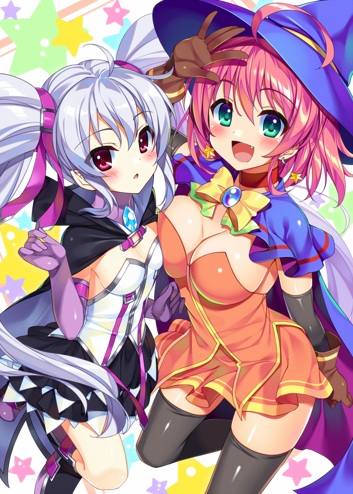 2girls, :d, alice_wishheart, asymmetrical_docking, bangs, black_gloves, black_legwear, black_skirt