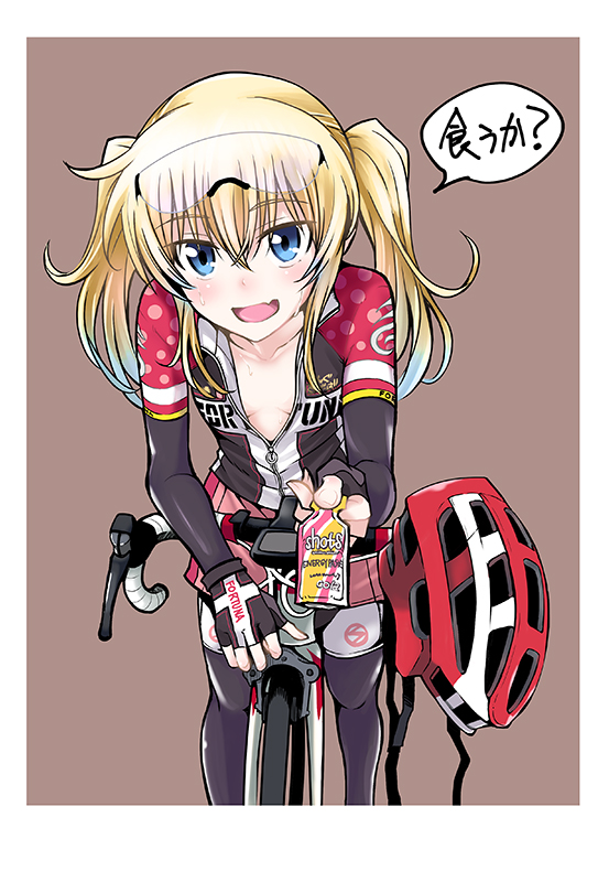 1girl, :d, bangs, bicycle, bicycle_helmet, bike_jersey, bike_shorts, black_legwear