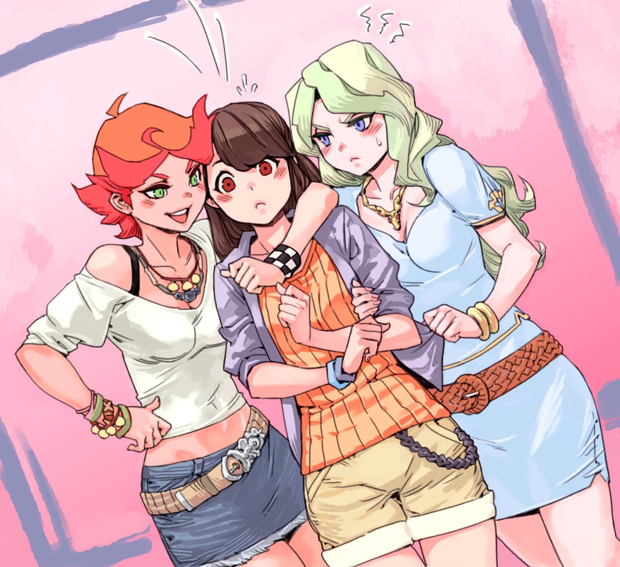 >:(, >:d, 3girls, :d, ahoge, alternate_costume, amanda_o'neill, archvermin, arm_around_neck, bangle, belt, blonde_hair, blue_dress, blue_eyes, blue_skirt, blush, bracelet, brown_hair, casual, checkered, diana_cavendish, dress, flying_sweatdrops, girl_sandwich, green_eyes, jacket, jacket_tug, jealous, jewelry, kagari_atsuko, little_witch_academia, long_hair, looking_at_another, looking_at_viewer, multicolored_hair, multiple_girls, necklace, open_mouth, orange_hair, red_eyes, redhead, sandwiched, simple_background, skirt, smile, two-tone_hair, yuri