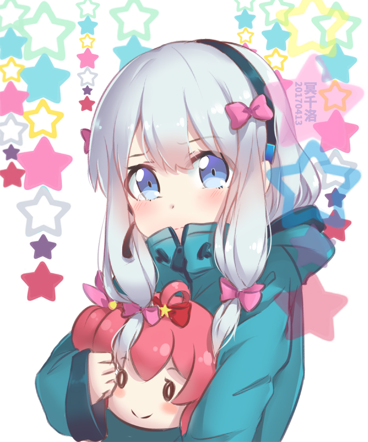 1girl, black_hairband, blue_eyes, blue_hair, blush, bow, closed_mouth, dated