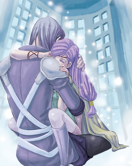 1girl, aozora_kyuuji, boots, circlet, closed_eyes, couple, embrace, fire_emblem, fire_emblem:_akatsuki_no_megami, fire_emblem:_souen_no_kiseki, fire_emblem_path_of_radiance, fire_emblem_radiant_dawn, grey_hair, hug, ilyana, knee_boots, lap_sitting, long_hair, purple_hair, sitting, sitting_on_lap, sitting_on_person, snow, thigh-highs, thighhighs, zihark