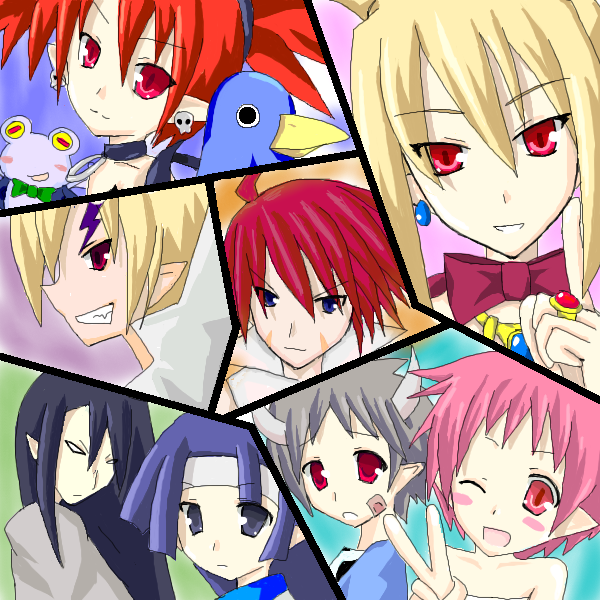 axel_(disgaea), black_hair, blonde_hair, blue_hair, blush, choker, demon_girl, disgaea