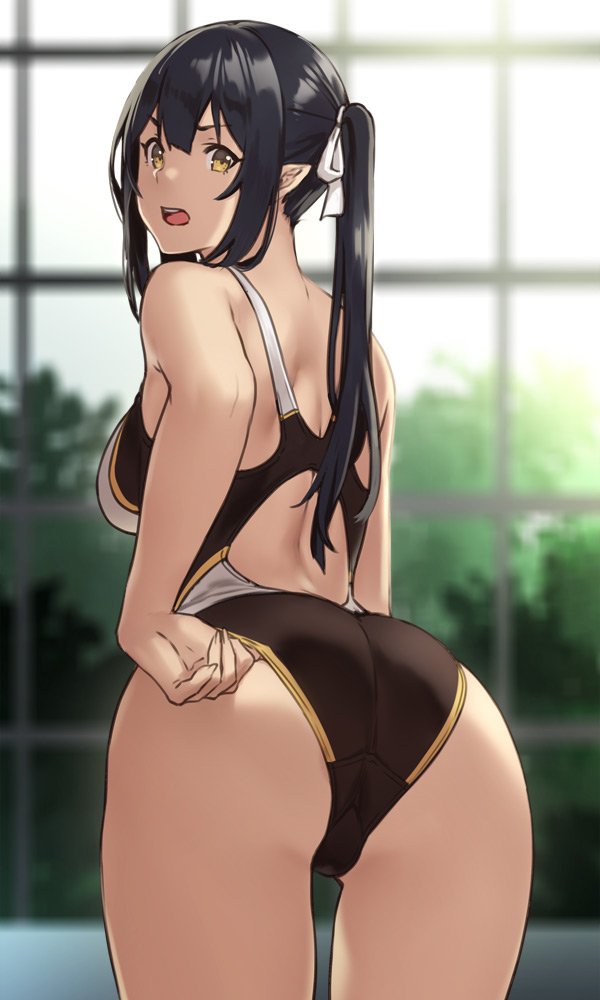 >:o, 1girl, :o, adjusting_clothes, adjusting_swimsuit, ass, bent_over, black_hair