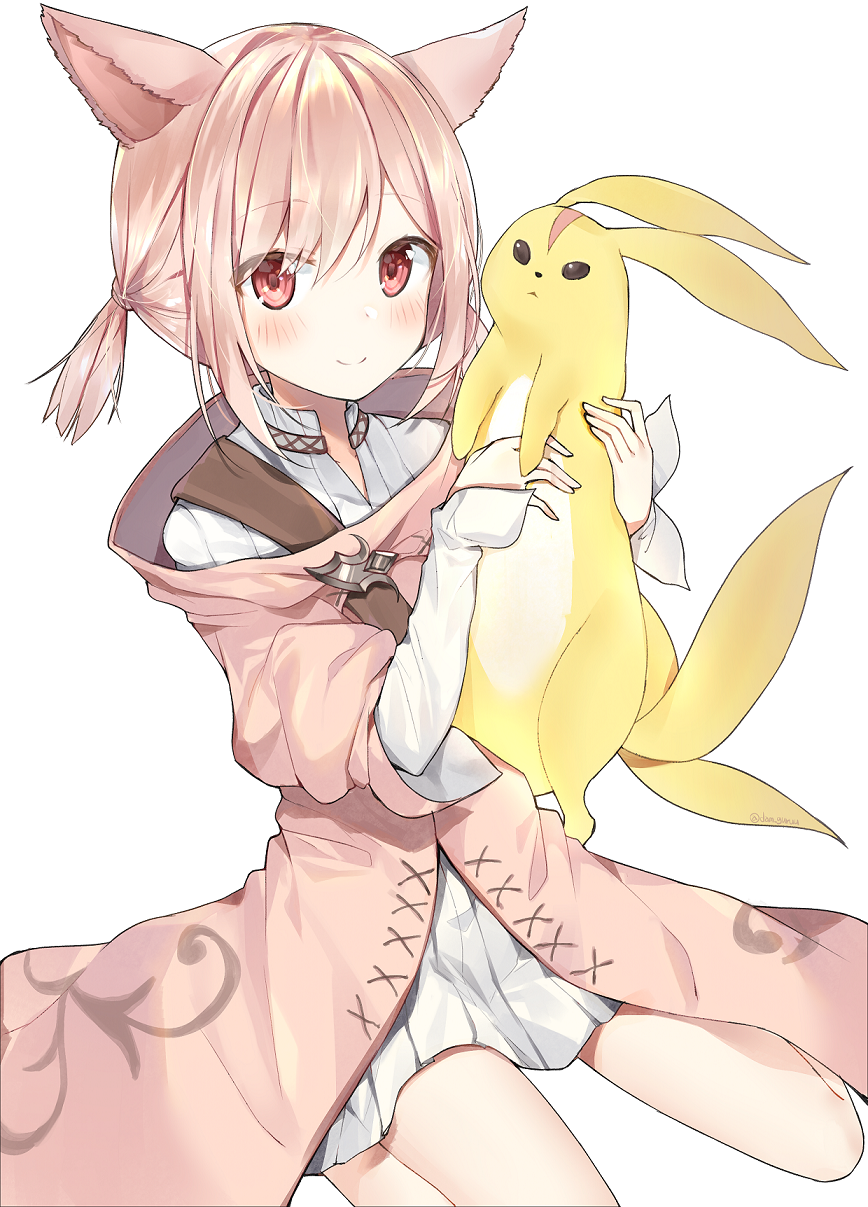 1girl, animal_ears, bangs, blonde_hair, blush, carbuncle_(final_fantasy), cat_ears, cloak